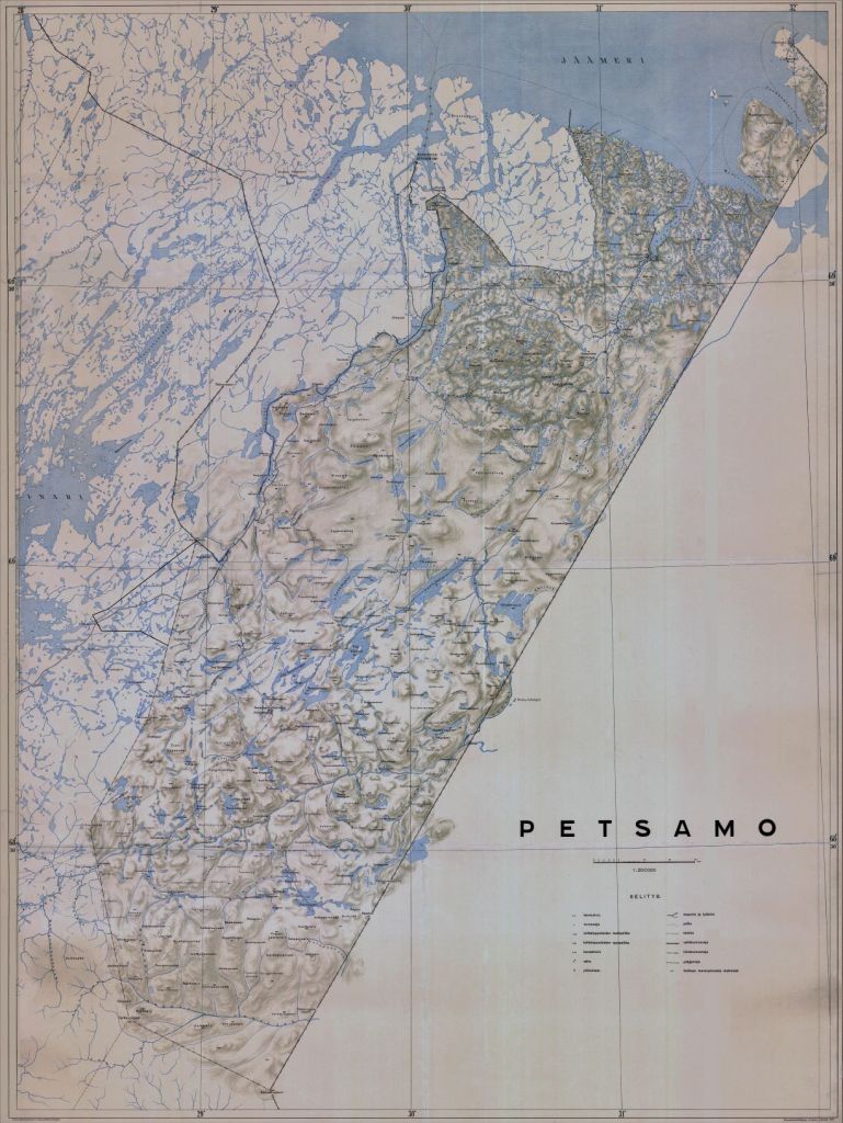 Petsamon yleiskartta on painettu 1933. Nikkelikaivos ja Malmitie Kolosjoella ei vielä ole kartalla vaikka kaivostoiminnan käynnistäminen oli aluillaan.